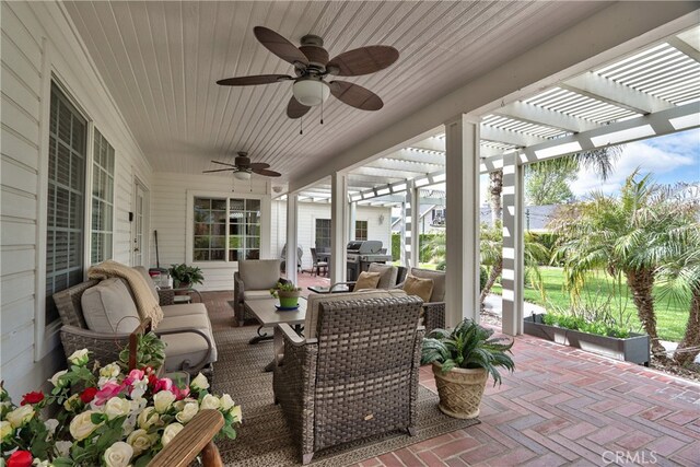 41548 Hutchison Ct, Murrieta, CA 92562 - view of patio / terrace with a pergola, a ceiling fan, area for grilling, and an outdoor hangout area
