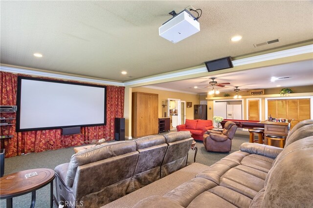 41548 Hutchison Ct, Murrieta, CA 92562 - carpeted cinema featuring crown molding, ceiling fan, and recessed lighting