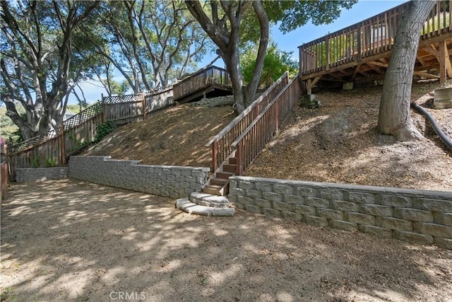 view of yard featuring a fenced backyard, stairway, and a deck