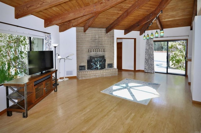 living area featuring visible vents, wooden ceiling, wood finished floors, and a fireplace