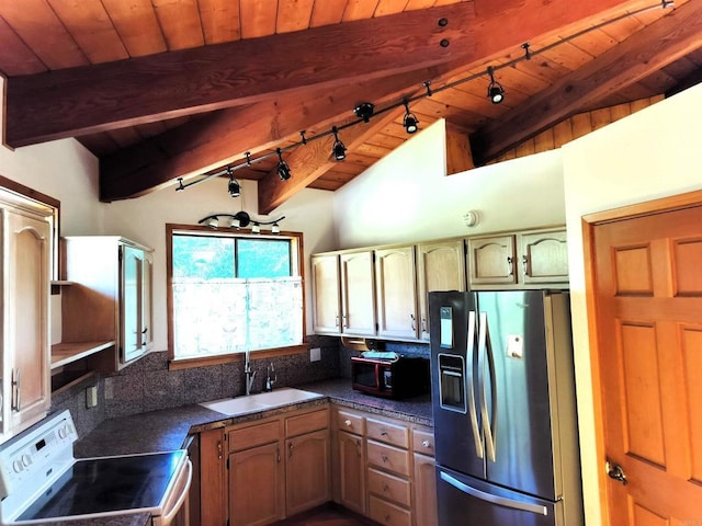 kitchen with stainless steel refrigerator with ice dispenser, wooden ceiling, dark countertops, a sink, and electric stove