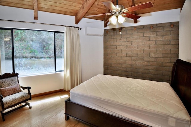bedroom with baseboards, a wall mounted AC, light wood-style floors, wood ceiling, and beamed ceiling