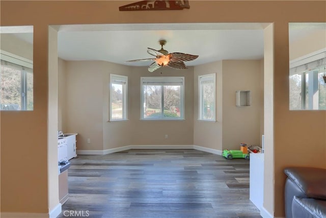 foyer entrance featuring baseboards, wood finished floors, and a ceiling fan
