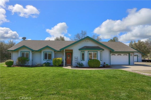 single story home featuring a front lawn, driveway, a shingled roof, and a garage