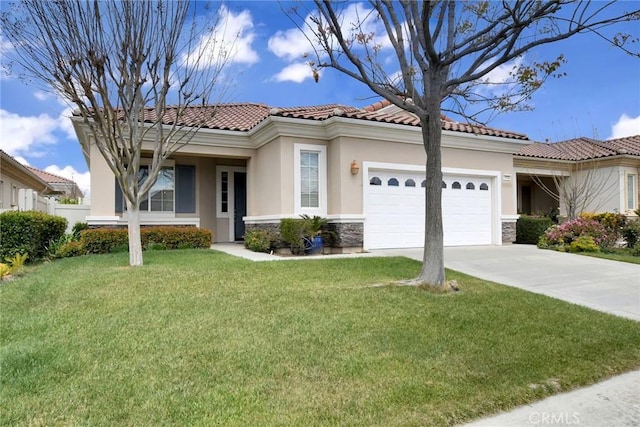 mediterranean / spanish home featuring stone siding, a tiled roof, driveway, a front yard, and a garage