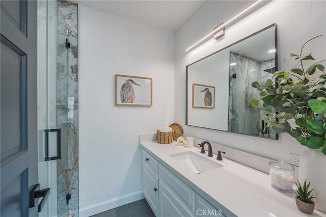 24422 Los Codona Ave, Torrance, CA 90505 - full bathroom featuring vanity, a marble finish shower, and tile patterned floors