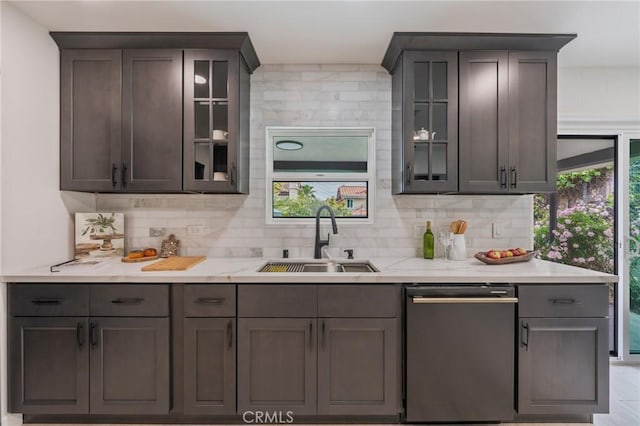 bar with a sink, decorative backsplash, and dishwasher