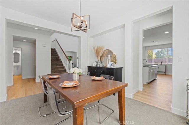 32177 Clear Springs Dr, Winchester, CA 92596 - dining space with a chandelier, stairs, light wood-style floors, and recessed lighting