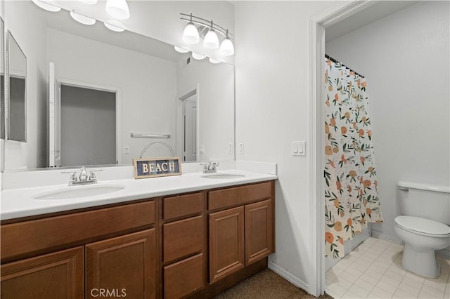 32177 Clear Springs Dr, Winchester, CA 92596 - bathroom with double vanity, a shower with curtain, and tile patterned floors