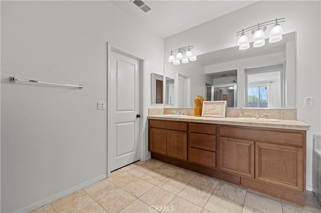 32177 Clear Springs Dr, Winchester, CA 92596 - bathroom featuring double vanity, a shower stall, and tile patterned floors