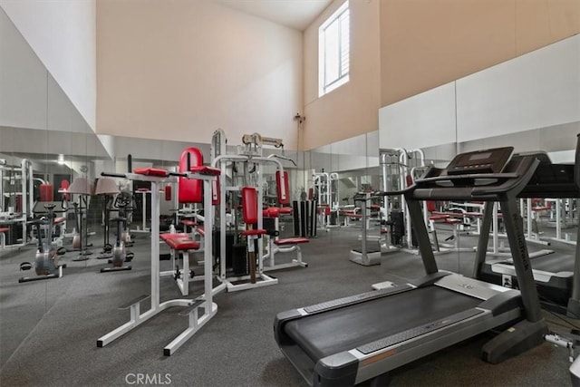 workout area with a towering ceiling