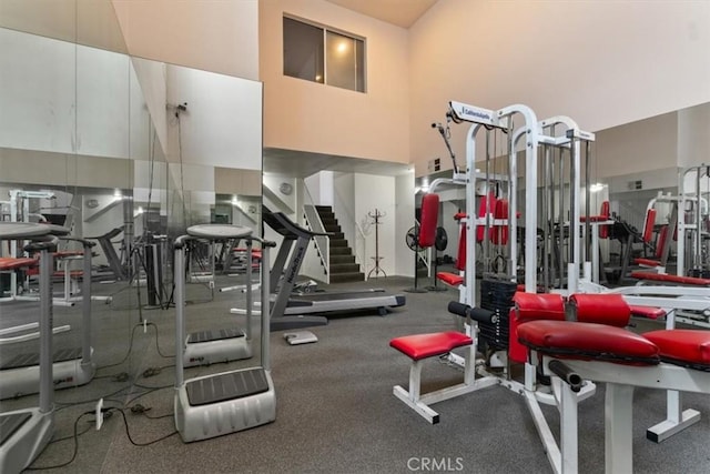 workout area featuring a towering ceiling