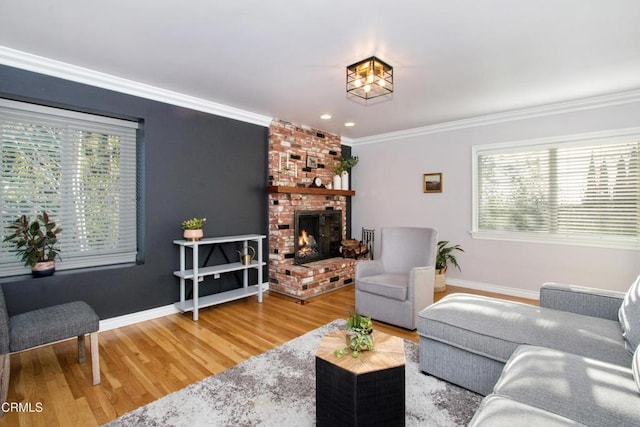 3447 Burritt Way, La Crescenta, CA 91214 - living room with healthy amount of natural light, wood finished floors, ornamental molding, a fireplace, and baseboards