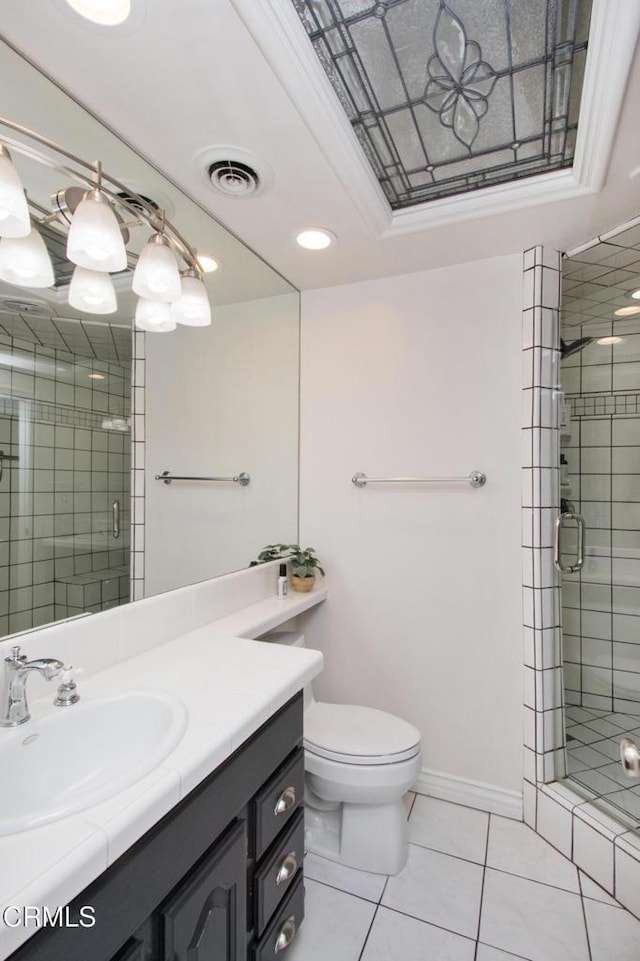 3447 Burritt Way, La Crescenta, CA 91214 - full bathroom featuring tile patterned floors, a stall shower, toilet, vanity, and a raised ceiling