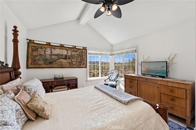 bedroom featuring a ceiling fan and lofted ceiling with beams