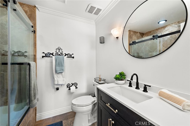 full bathroom with toilet, vanity, visible vents, crown molding, and baseboards