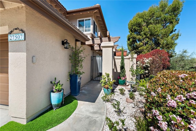 view of exterior entry featuring stucco siding and a gate