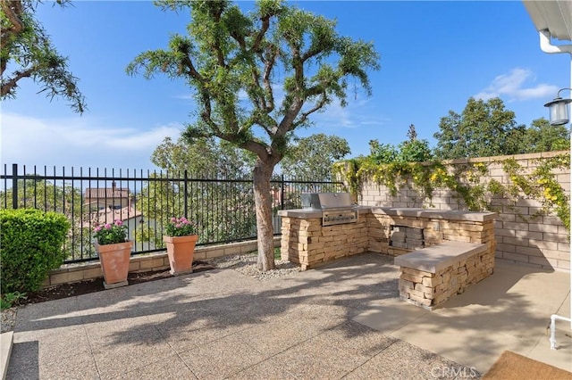 view of patio / terrace featuring area for grilling, a grill, and fence