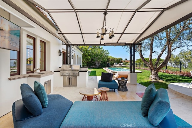 view of patio / terrace featuring area for grilling, an outdoor living space, an outdoor kitchen, a sink, and an outdoor pool