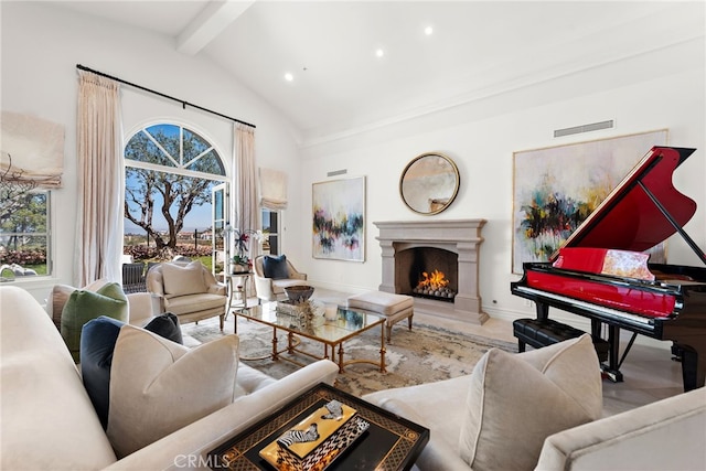 living room featuring a warm lit fireplace, recessed lighting, visible vents, beam ceiling, and high vaulted ceiling