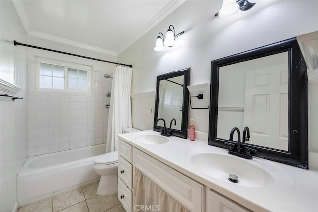 18342 Avolinda Dr, Yorba Linda, CA 92886 - bathroom featuring shower / bath combo with shower curtain, double vanity, toilet, ornamental molding, and tile patterned flooring