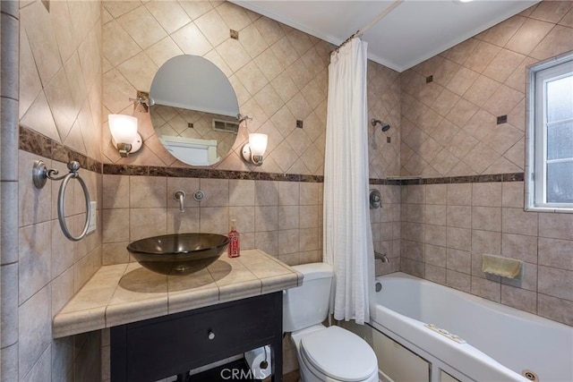 18342 Avolinda Dr, Yorba Linda, CA 92886 - bathroom with shower / bath combo with shower curtain, toilet, vanity, and crown molding