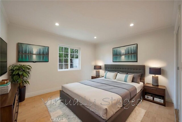 18342 Avolinda Dr, Yorba Linda, CA 92886 - bedroom featuring crown molding, light wood-type flooring, recessed lighting, and baseboards