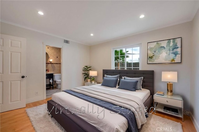 18342 Avolinda Dr, Yorba Linda, CA 92886 - bedroom with light wood-style flooring, ornamental molding, recessed lighting, ensuite bathroom, and baseboards
