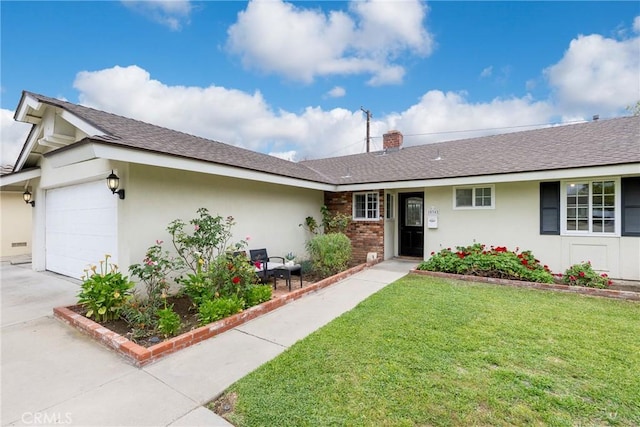 18342 Avolinda Dr, Yorba Linda, CA 92886 - ranch-style house featuring a garage, a front yard, concrete driveway, a chimney, and stucco siding
