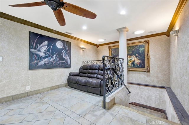 home theater room featuring ornate columns, ceiling fan, ornamental molding, visible vents, and recessed lighting