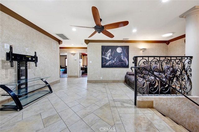interior space featuring ornamental molding, visible vents, and recessed lighting