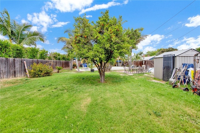 view of yard featuring an outdoor structure, a shed, and a fenced backyard