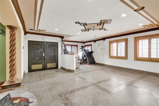 interior space featuring ornate columns, french doors, baseboards, ornamental molding, and recessed lighting