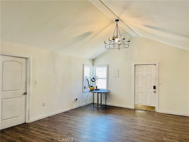 4225 Poplar Trl, Frazier Park, CA 93225 - interior space with vaulted ceiling, a chandelier, dark wood-style flooring, and baseboards
