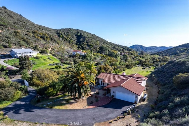 drone / aerial view featuring a mountain view