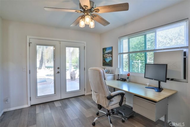 home office with ceiling fan, french doors, wood finished floors, and baseboards