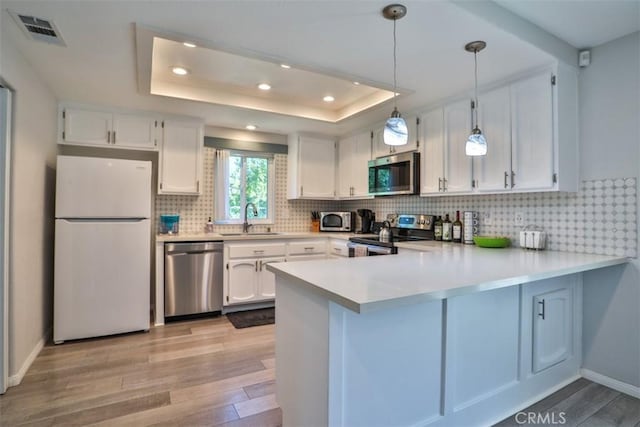 kitchen with visible vents, a sink, light wood-type flooring, a tray ceiling, and stainless steel appliances