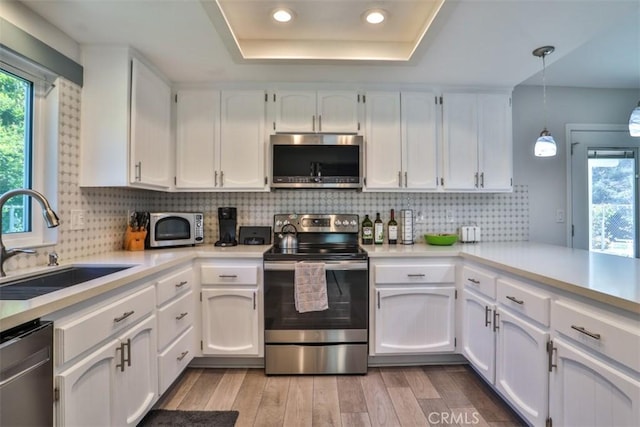 kitchen with a tray ceiling, a sink, white cabinetry, and stainless steel appliances
