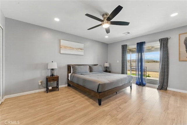 bedroom featuring visible vents, baseboards, recessed lighting, access to exterior, and light wood-type flooring