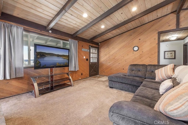 1066 Paradise Way, Big Bear City, CA 92314 - carpeted living area featuring beamed ceiling, wooden ceiling, wood walls, and recessed lighting