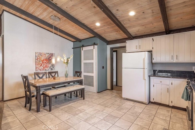 1066 Paradise Way, Big Bear City, CA 92314 - dining space featuring wooden ceiling, vaulted ceiling with beams, a barn door, light tile patterned floors, and recessed lighting