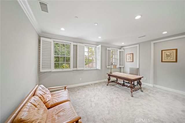interior space featuring baseboards, ornamental molding, visible vents, and recessed lighting