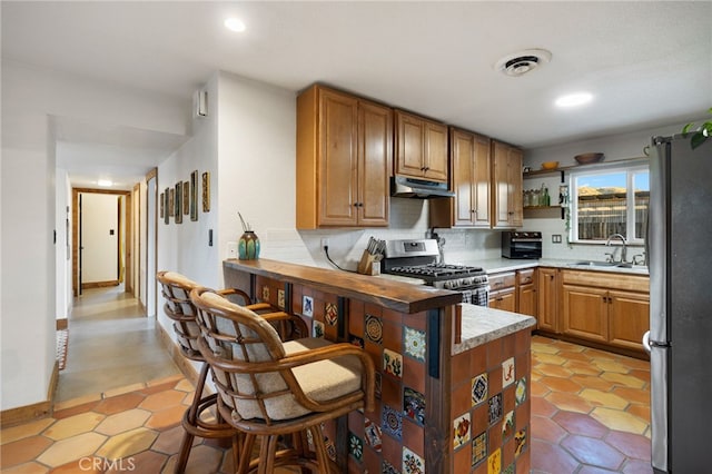 kitchen with open shelves, stainless steel appliances, under cabinet range hood, decorative backsplash, and a sink