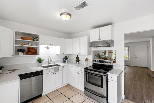 888 Cherrywood Way Unit 20, El Cajon, CA 92021 - kitchen with visible vents, appliances with stainless steel finishes, under cabinet range hood, white cabinetry, and a sink