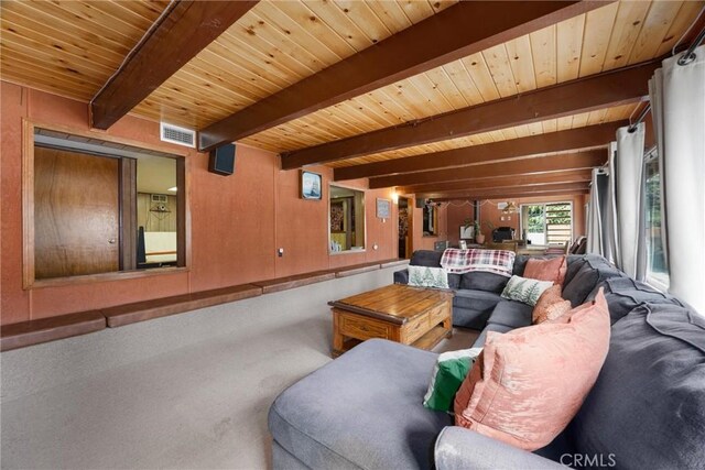 4228 Willow Trl, Frazier Park, CA 93225 - living area featuring visible vents, wooden ceiling, beam ceiling, and carpet