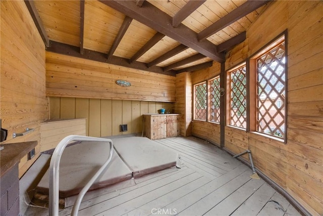 4228 Willow Trl, Frazier Park, CA 93225 - interior space featuring hardwood / wood-style floors, wooden ceiling, wooden walls, and beamed ceiling