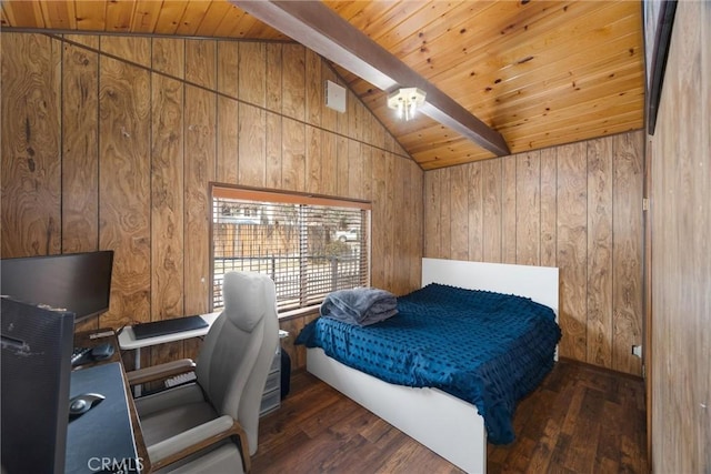 4228 Willow Trl, Frazier Park, CA 93225 - bedroom with vaulted ceiling with beams, wooden walls, wood finished floors, and wooden ceiling