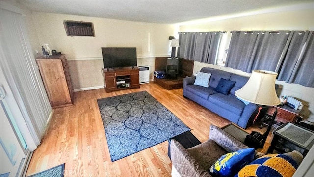 living area featuring wood finished floors and a wood stove