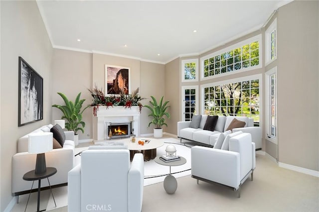 29528 Ridgeway Dr, Agoura Hills, CA 91301 - living area with a lit fireplace, baseboards, ornamental molding, and recessed lighting