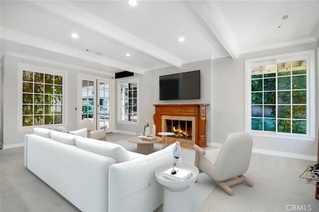 29528 Ridgeway Dr, Agoura Hills, CA 91301 - living area with beamed ceiling, baseboards, recessed lighting, a warm lit fireplace, and ornamental molding